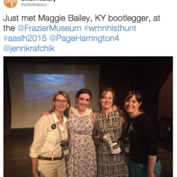 Found the amazing story of Maggie Bailey, "Queen of the Mountain Bootleggers." Left to right: Page Harrington of Sewall-Belmont House & Museum, "Maggie Bailey," Rebecca Price of Chick History, Jennifer Krafchik of Sewall-Belmont House & Museum.